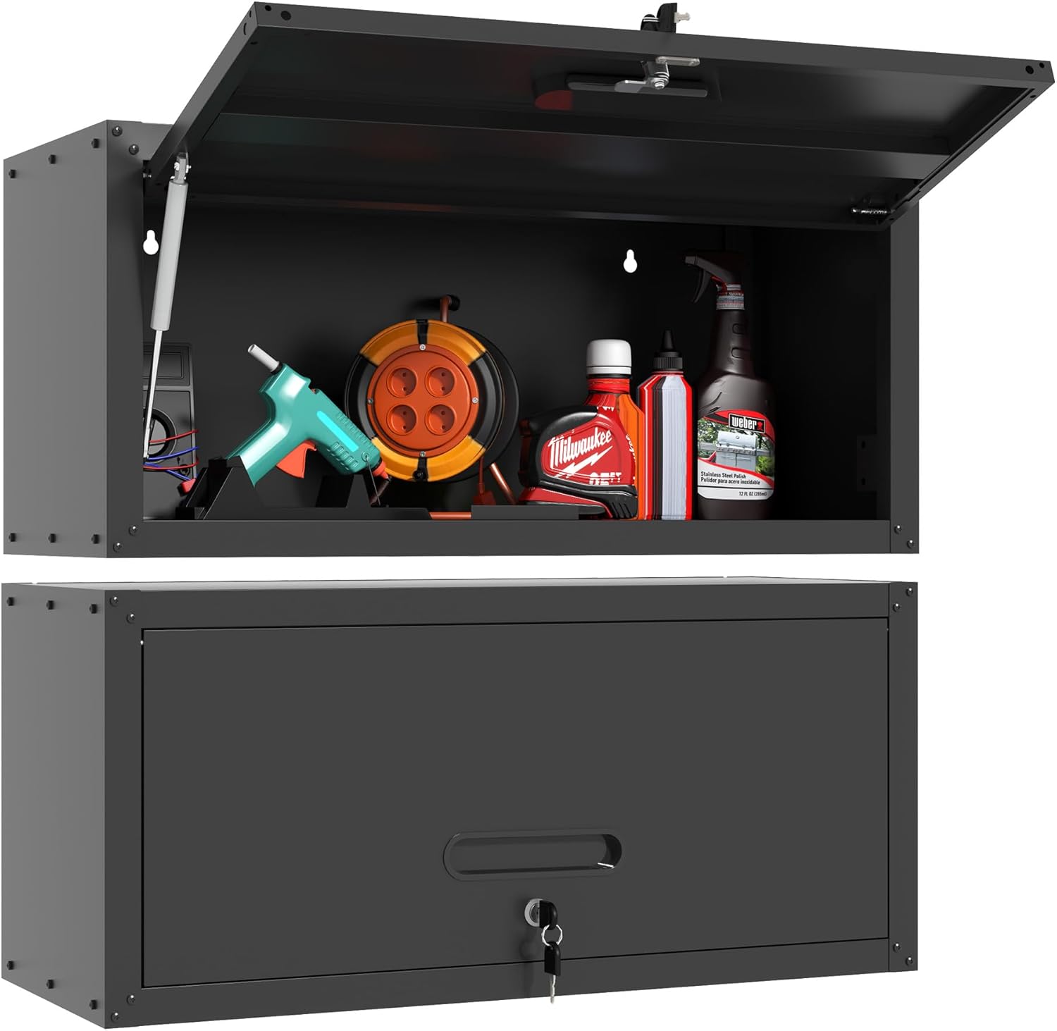 Garage Wall Cabinet with Flip-Up Door, Lockable Metal Storage Cabinet Wall Mounted, Hanging Tool