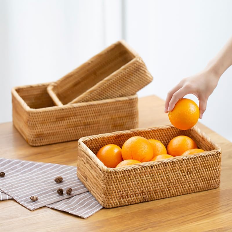 Rattan Storage Baskets, Wicker Baskets for Organizing, Hand Woven Fruit Basket, Decorative Baskets