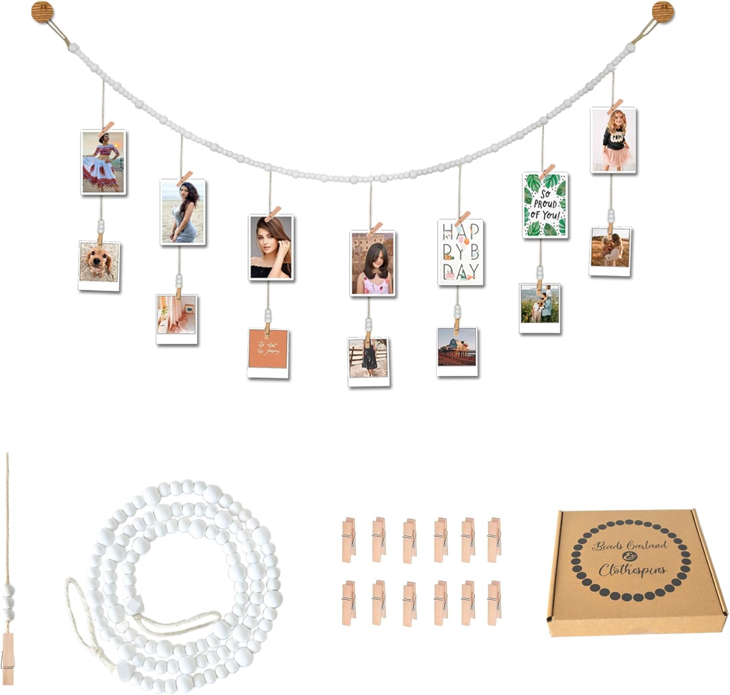 4 Feet Wooden Beads Garland with Clothespins Picture Cards Holder - Country Farmhouse Christmas