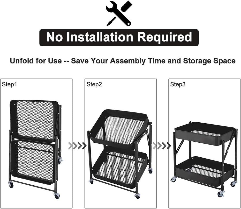 2-Tier Metal Folding Rolling Cart, Mobile Utility Cart Trolley Storage Organizer for Office Home