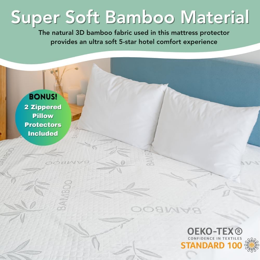 Bamboo Rayon Mattress Protector with Zipper + 2 Pillow Protectors - 100% Waterproof Cooling King
