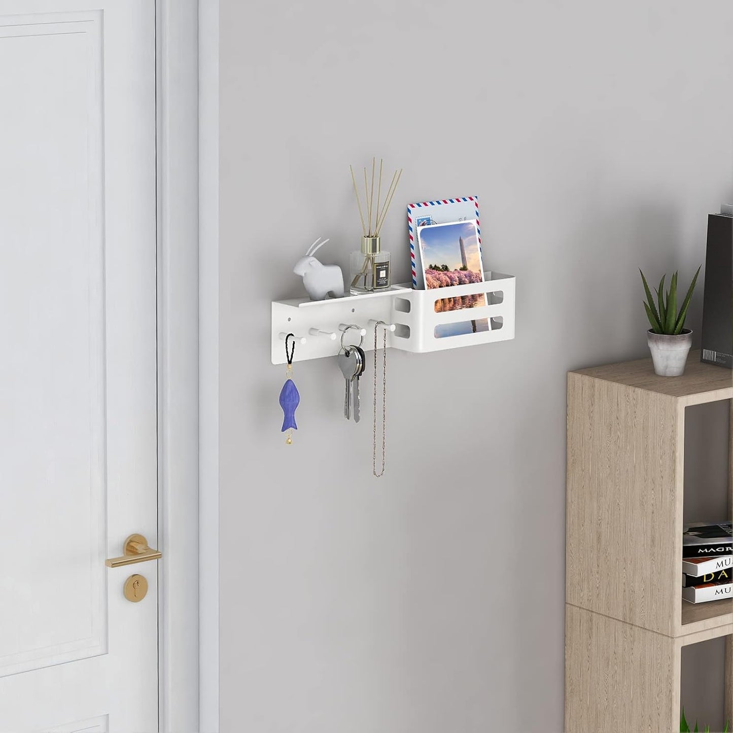 MKO Key Holder for Wall, 12.2In Mail Organizer Holder with Shelf, Metal Key Rack Adhesive Wall