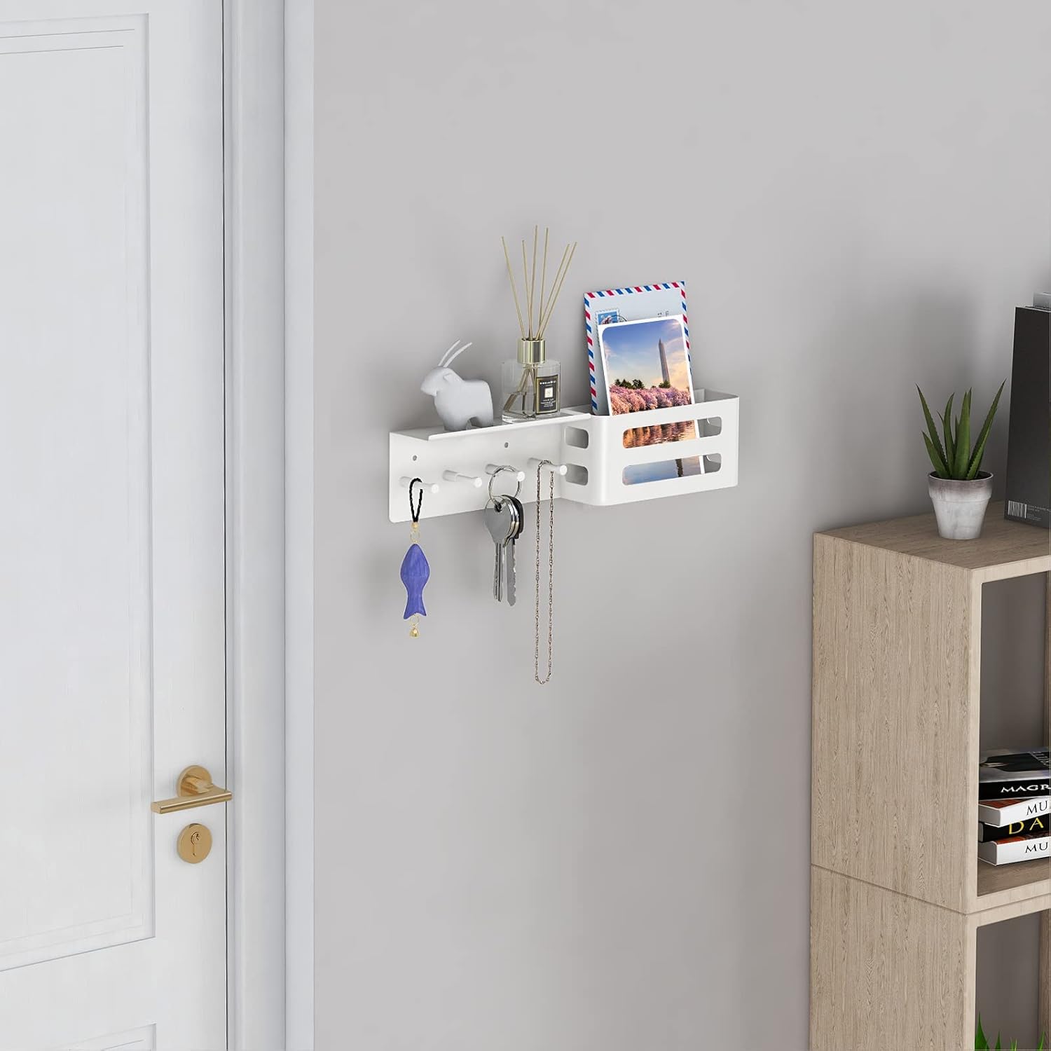 MKO Key Holder for Wall, 12.2In Mail Organizer Holder with Shelf, Metal Key Rack Adhesive Wall