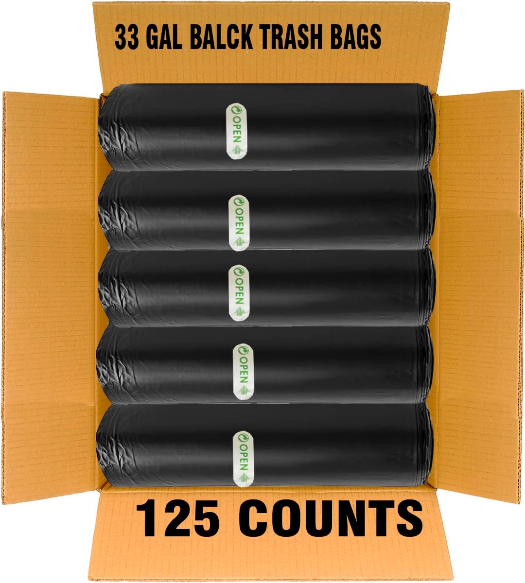 33 Gallon Trash Bags, 125 Count, Black Garbage bags, Multi-purpose Trash Can Bin Liners for Home