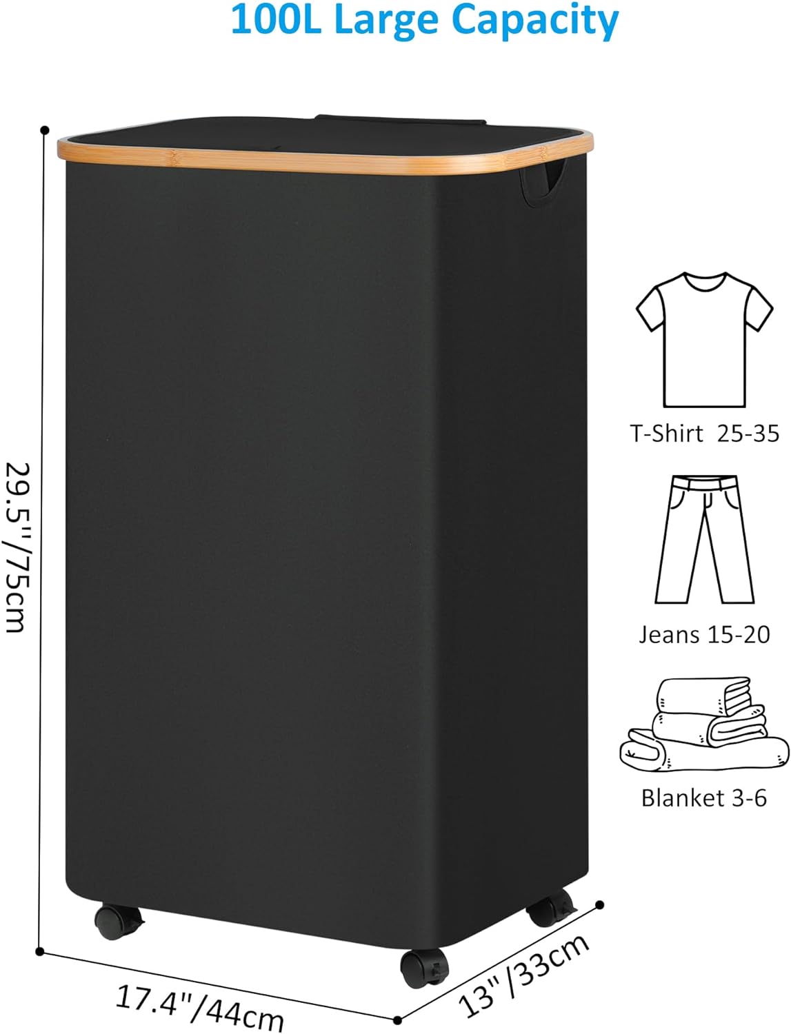 efluky Laundry Basket with Wheels, Tall Rolling Laundry Hamper with Lid and Removable Bag