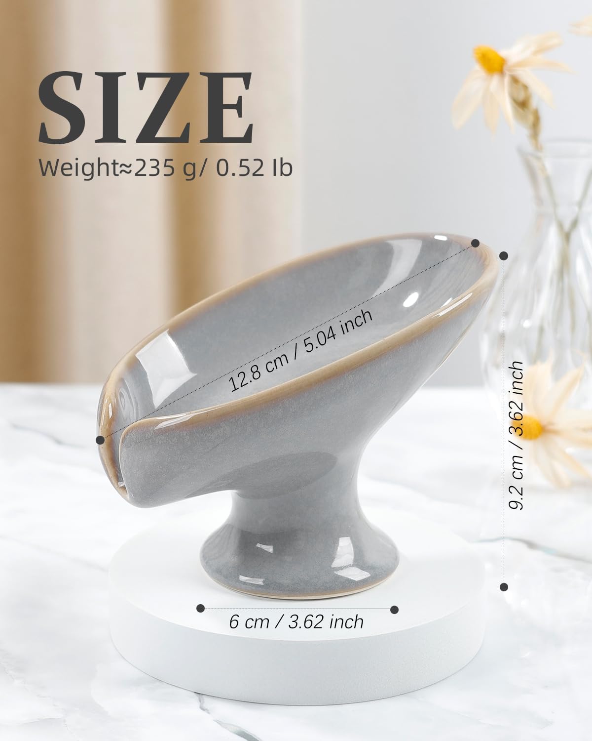 Soap Dish, Self Draining Bar Soap Holder for Bathroom Sink, Leaf Shaped Drainage Ceramic Porcelain