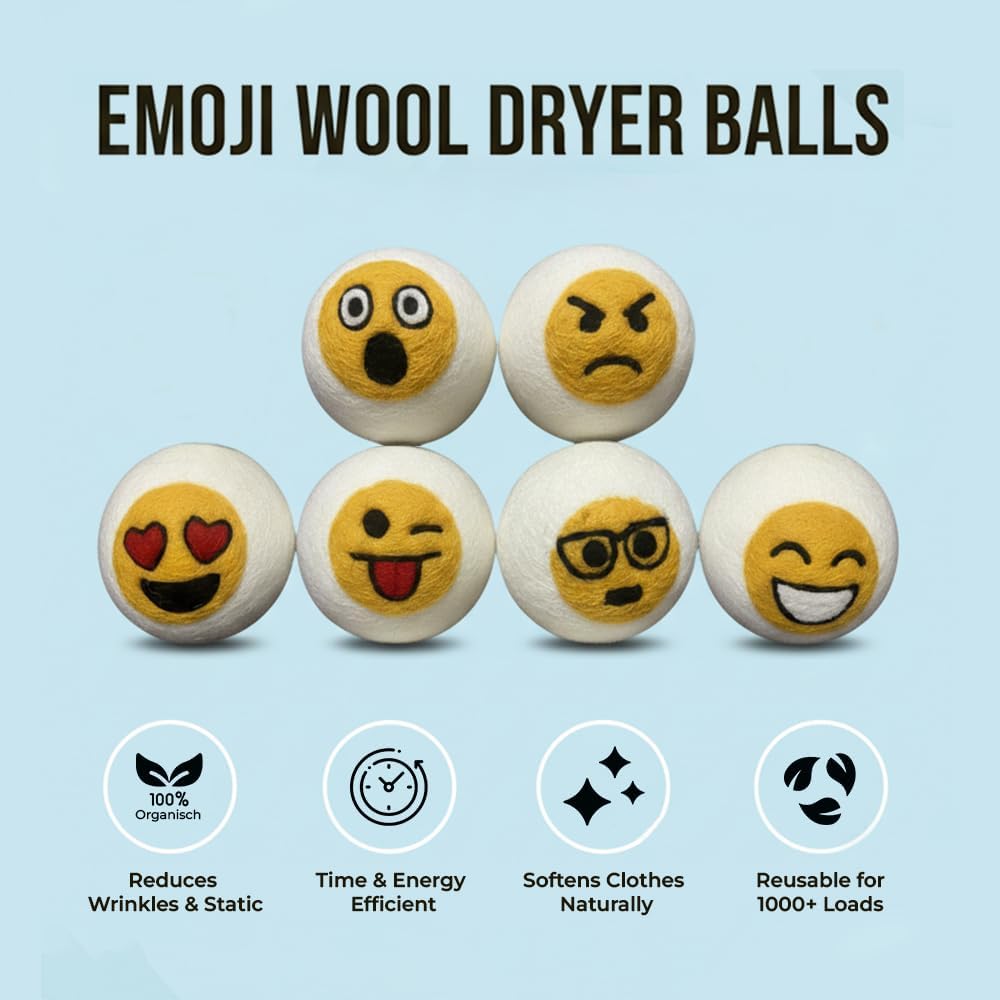 Ezhippie Quality Wool Dryer Balls - 6 XL Emoji Pack - 1000+ Loads - Pure Organic Wool - Reusable