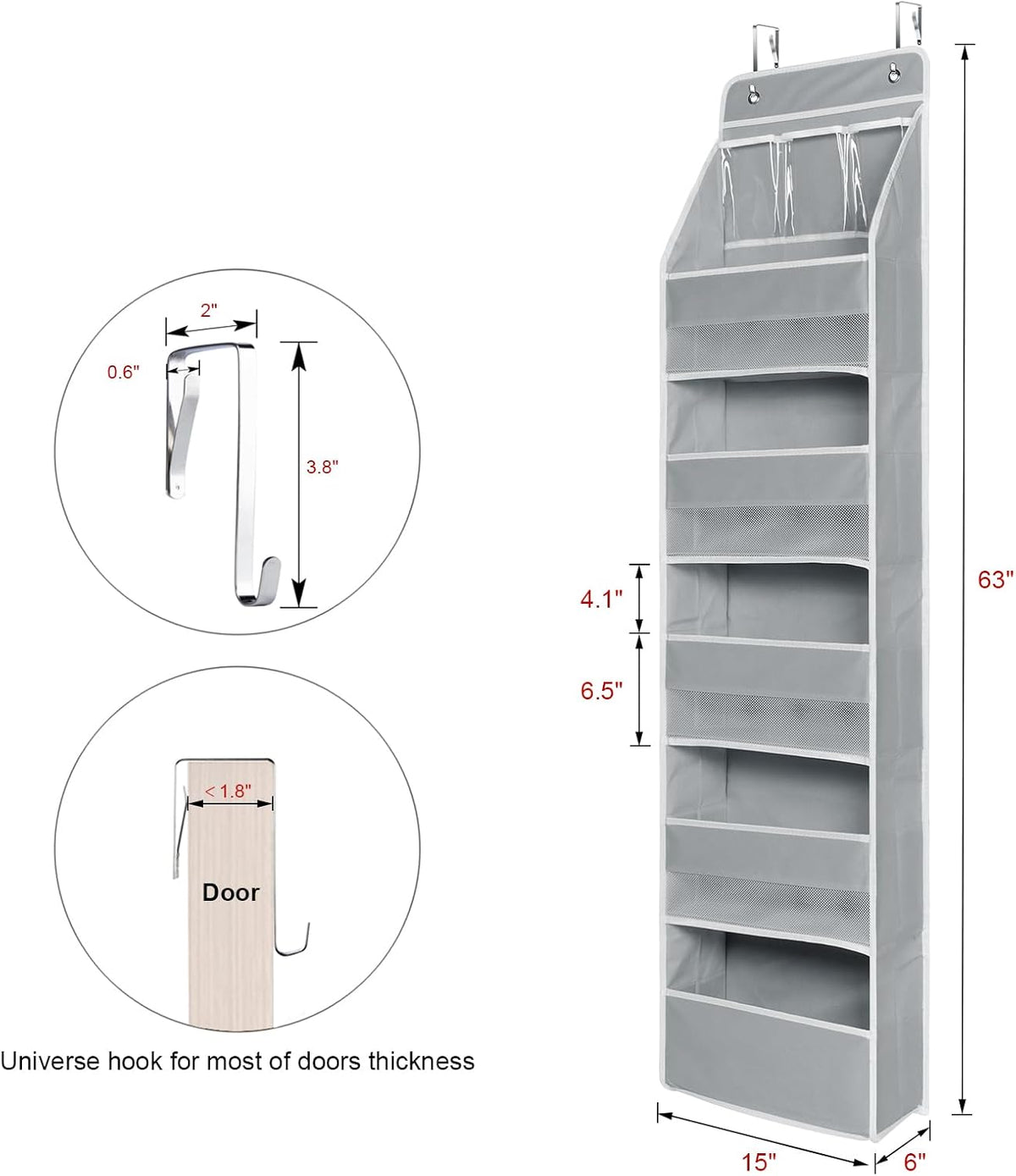 Univivi 6-Shelf Over Door Hanging Organizer Fabric Baby Door Storage with 5 Large Pockets and 3