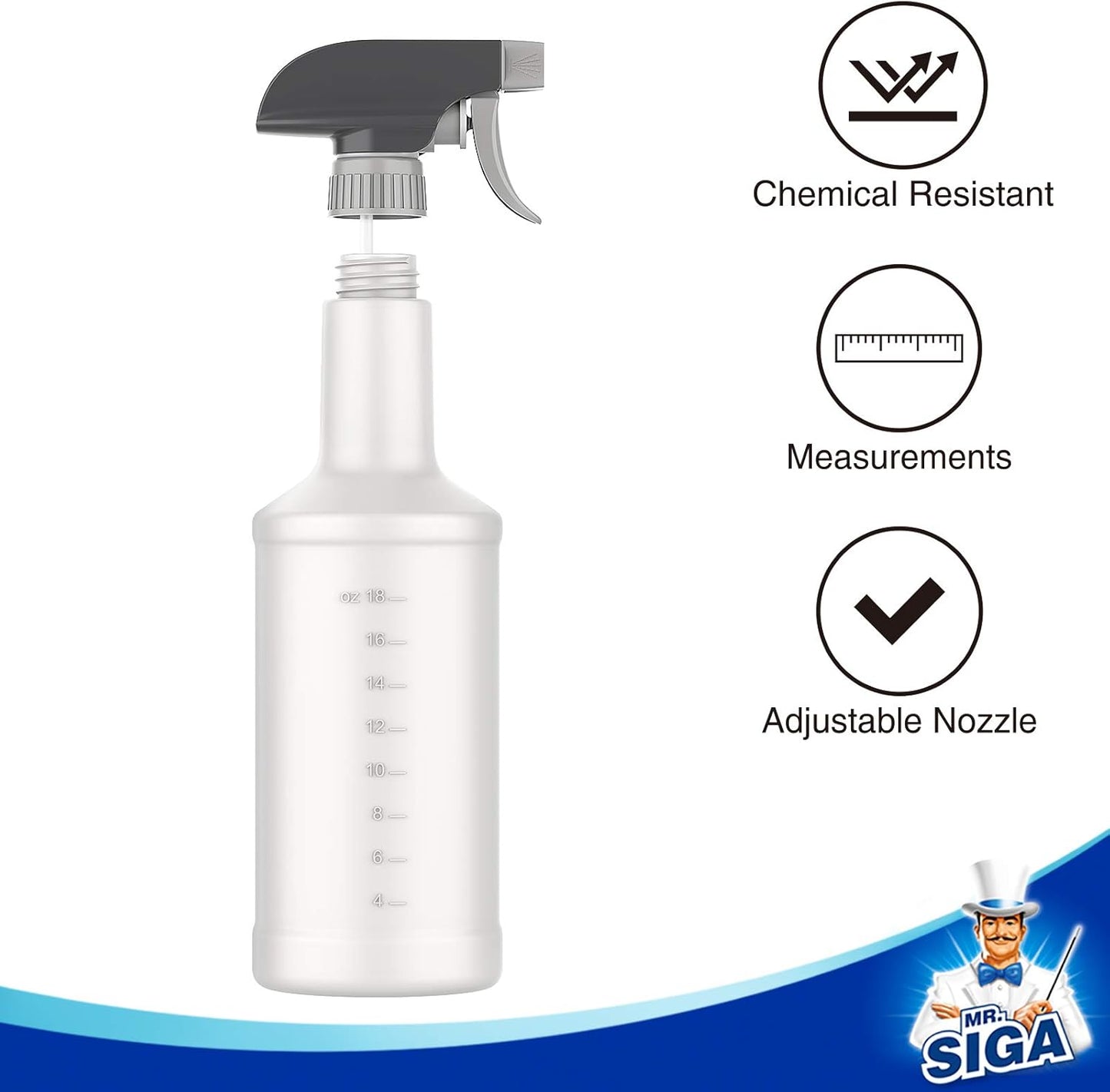 MR.SIGA 24 oz Empty Plastic Spray Bottles for Cleaning Solutions, Heavy Duty Household Reusable