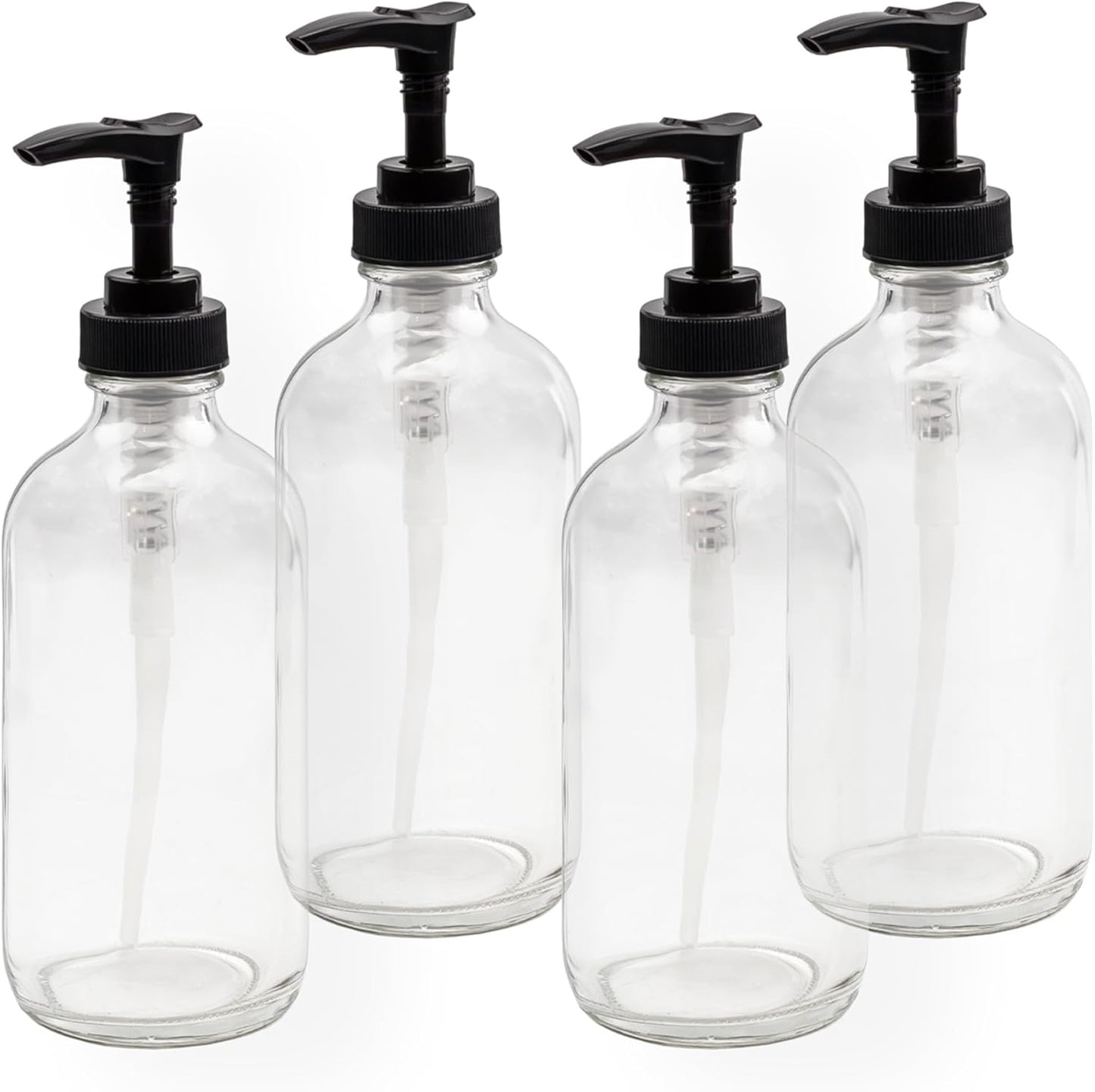 Cornucopia Brands 8oz Clear Glass Pump Bottles (4-Pack w/Black Plastic Pumps), Great as Essential