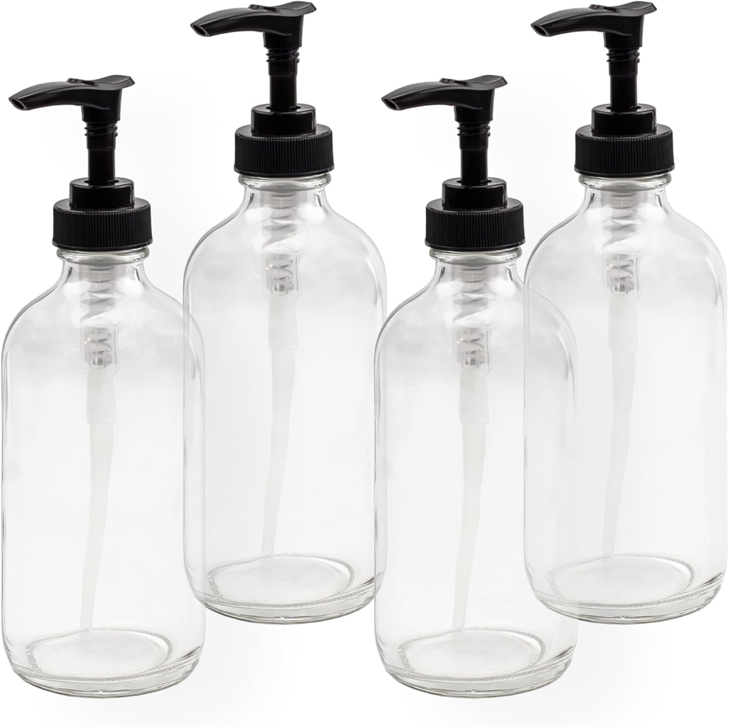 Cornucopia Brands 8oz Clear Glass Pump Bottles (4-Pack w/Black Plastic Pumps), Great as Essential