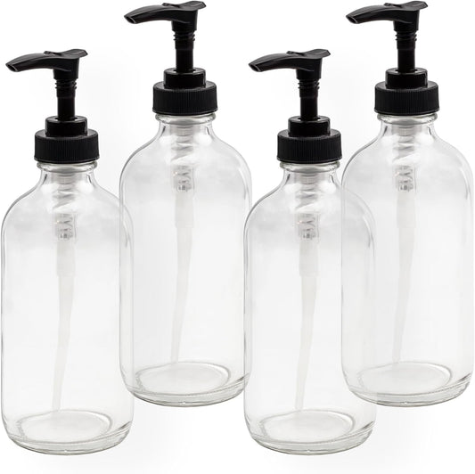Cornucopia Brands 8oz Clear Glass Pump Bottles (4-Pack w/Black Plastic Pumps), Great as Essential