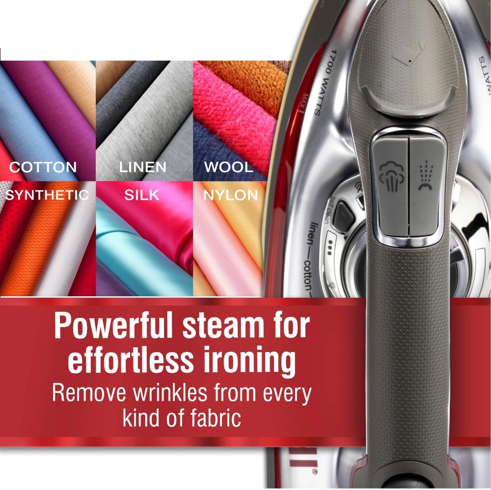 CHI Steam Iron for Clothes with 300+ Holes for Powerful Steaming, Temperature Guide Dial, 1700