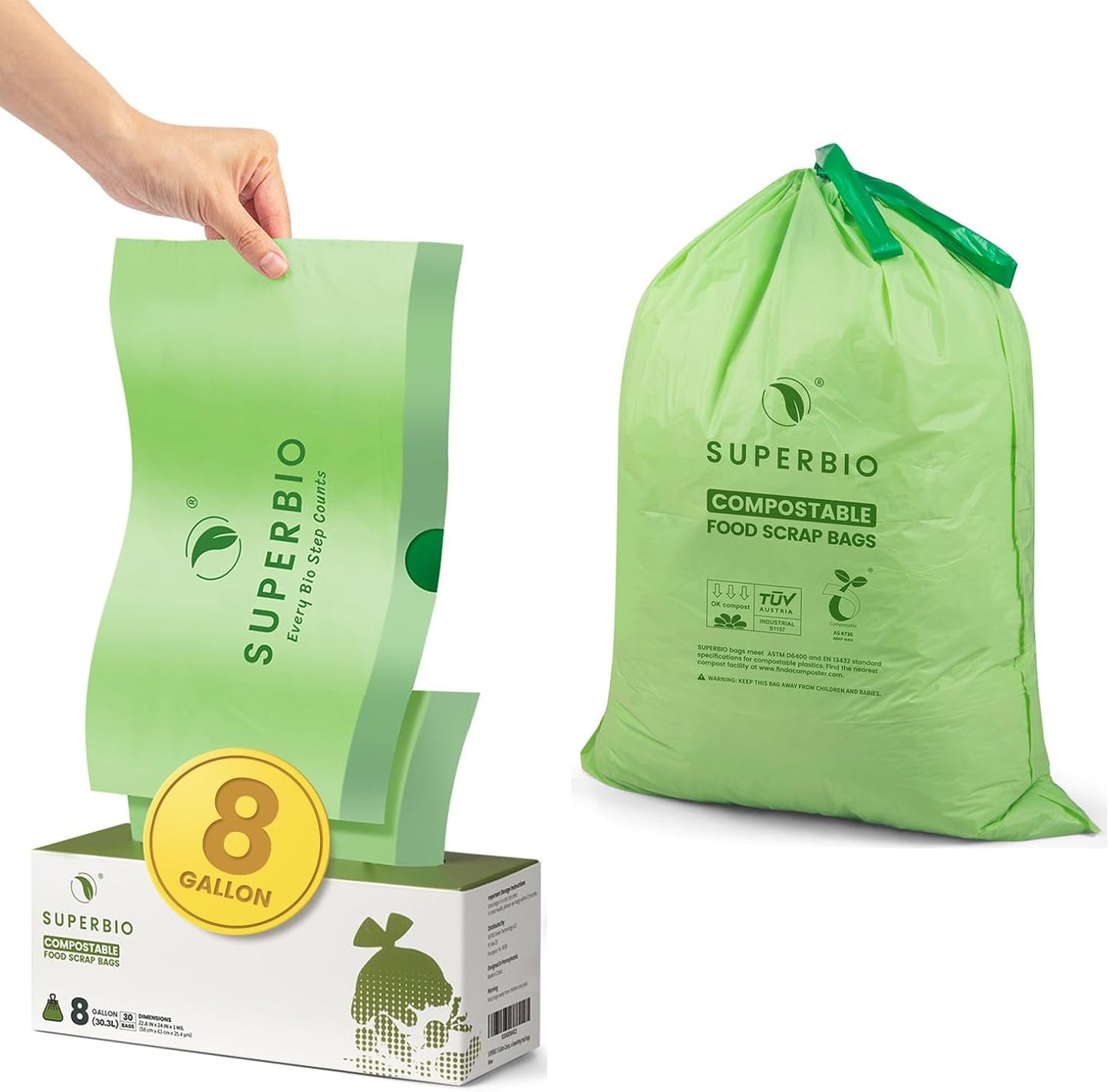 SUPERBIO 8 Gallon Compostable Drawstring Kitchen Waste Bags,30.3 Liter, 30 Count, 1 Mil,Heavy Duty