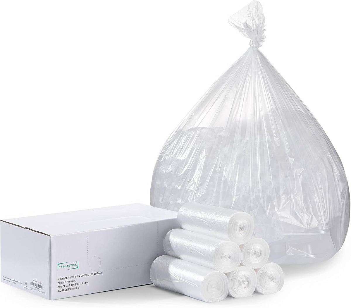 TYPLASTICS 20-30 Gallon Clear Trash Can Liners - 30" x 37" - High Density Garbage Bags - Case of