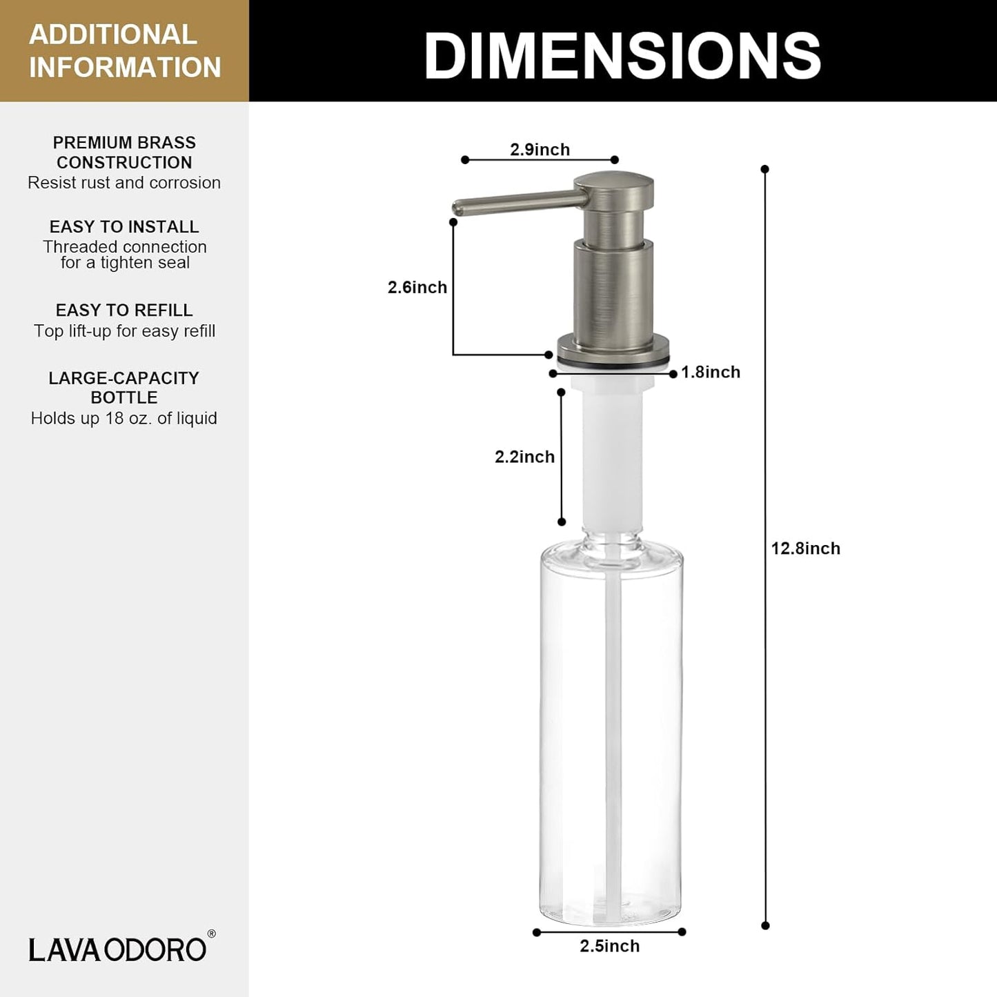 Lava Odoro Soap Dispenser for Kitchen Sink, Modern Brass Built in Countertop Pump Dispenser with 18