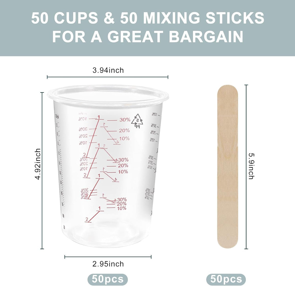 50-Pack Mixing Cups Set Paint Mixing Cups 20 oz (600ml) with 50 Wooden Sticks,Easy Measuring Ratios
