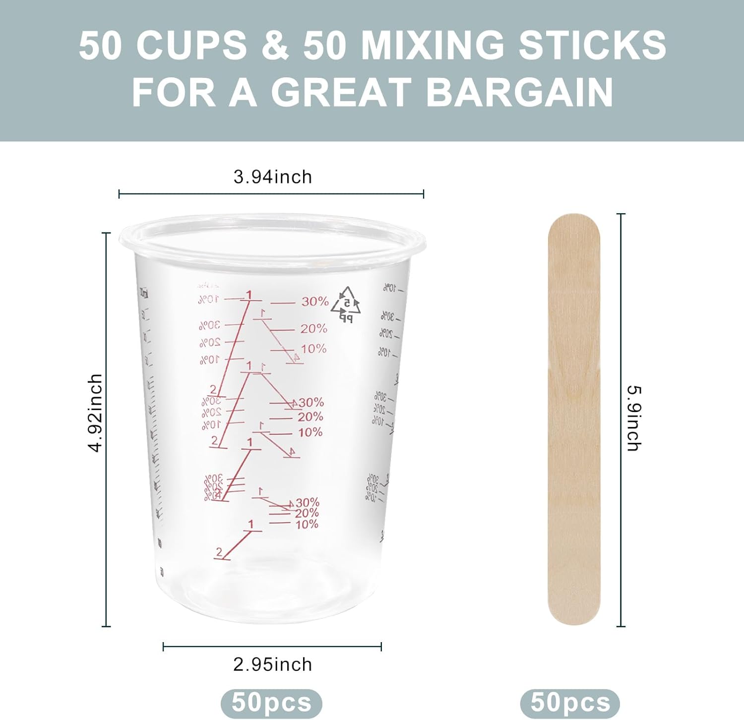 50-Pack Mixing Cups Set Paint Mixing Cups 20 oz (600ml) with 50 Wooden Sticks,Easy Measuring Ratios