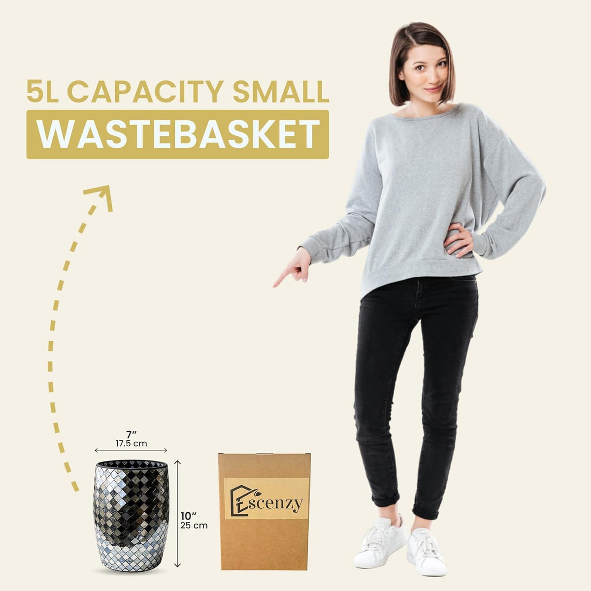 Escenzy Modern Bathroom Trash Can Mosaic Glass 5L | Decorative Small Garbage Can | 7" x 10" |