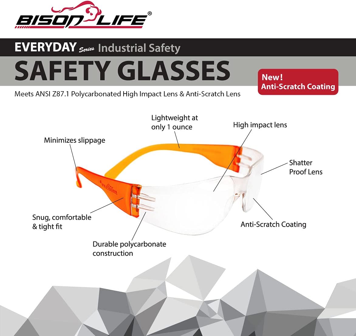 BISON LIFE Safety Glasses - Scratch Resistant Wrap Around Eyewear, Polycarbonate ANSI Z87.1 Impact