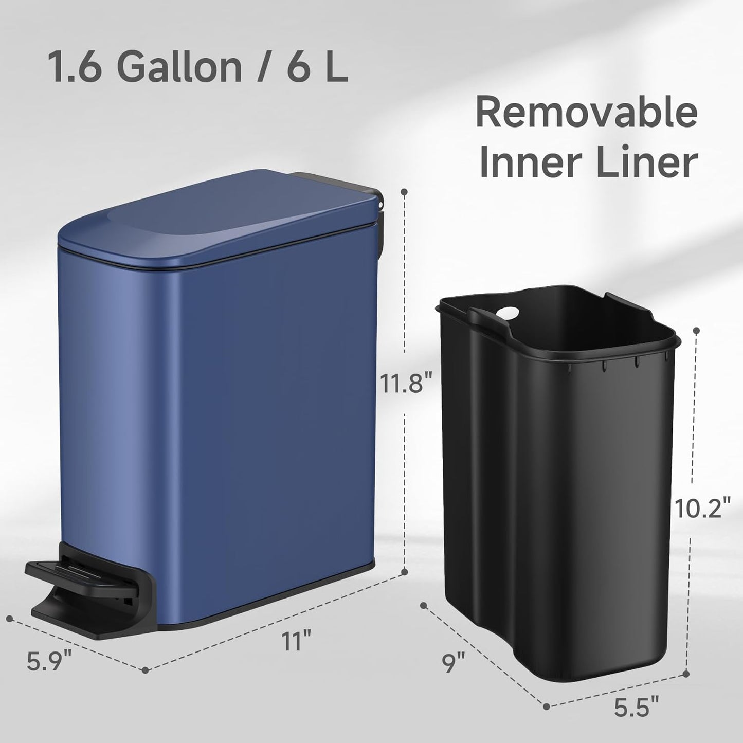 TIPGO Slim Bathroom Trash Can with Lid Soft Close, Step Pedal, 6 Liter / 1.6 Gallon Stainless Steel