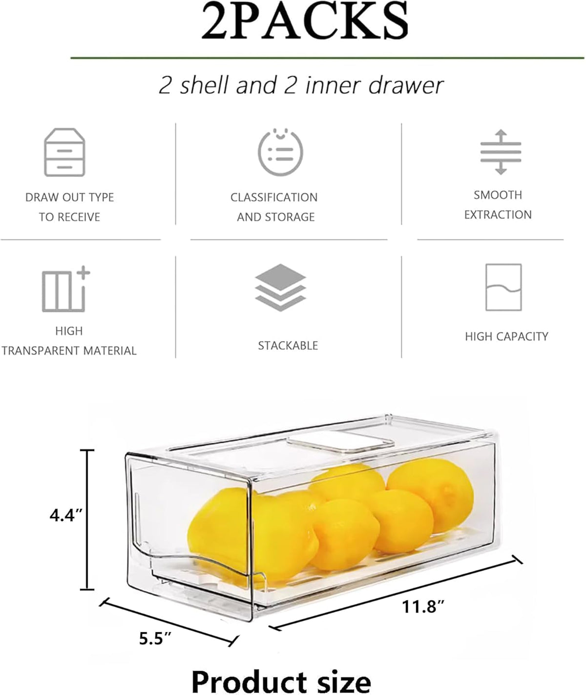 2 Pack Fruit Storage Containers for Fridge with Drain Board, Stackable Refrigerator Organizers and