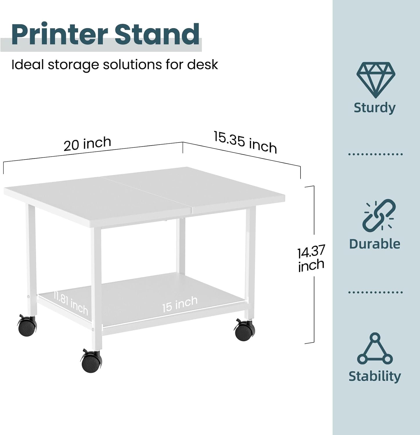 Printer Stand with Storage Under Desk Shelf, Desktop Printer Stand Organizer, Rolling Printer Cart