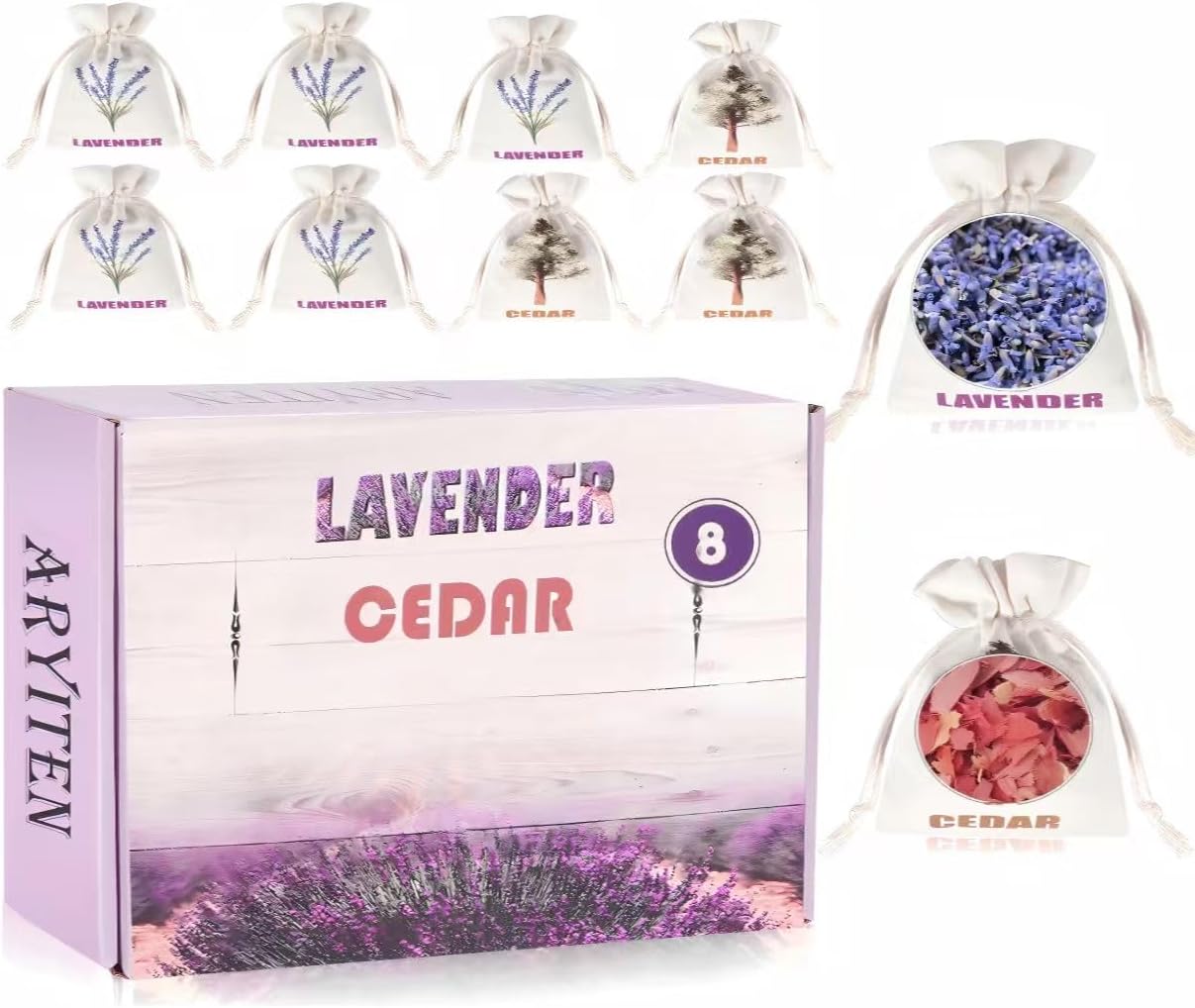 8 Pack Cedar Chips and Natural Dried Lavender Sachets Bags - Stop Clothes Damage, Cedar and