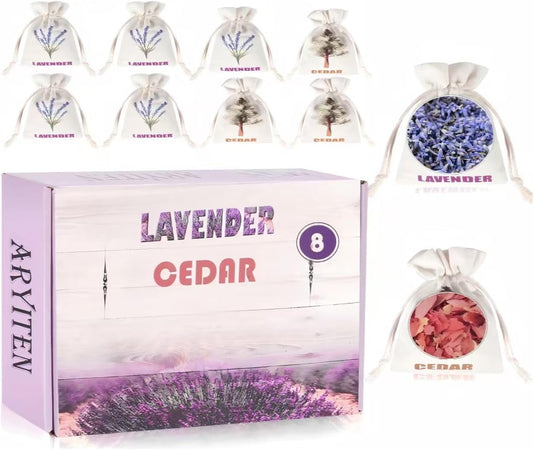 8 Pack Cedar Chips and Natural Dried Lavender Sachets Bags - Stop Clothes Damage, Cedar and