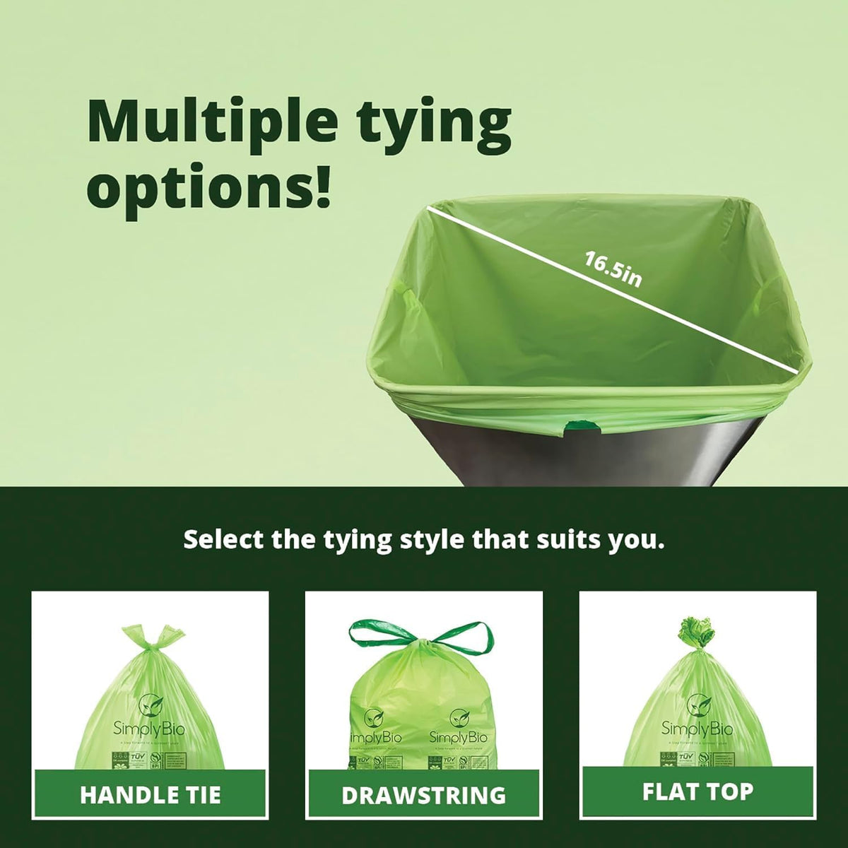 13 Gallon Compostable Trash Bags with Handle-Tie, Thick 0.87 Mil, 49.21 Liter, 30 Bags, Tall
