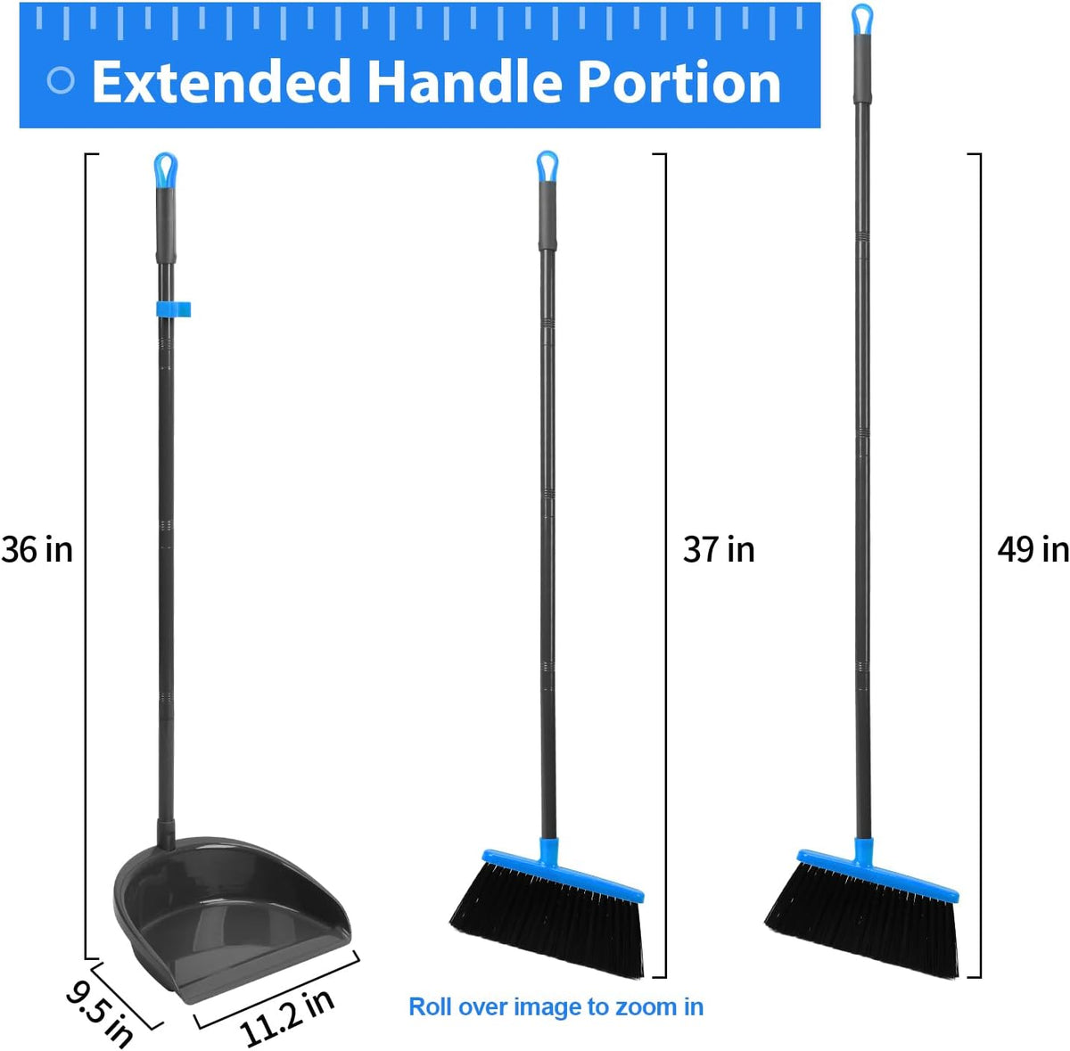 Broom and Dustpan Set ，Long Handle Broom with Upright Standing Dust pan for Indoor Outdoor Home