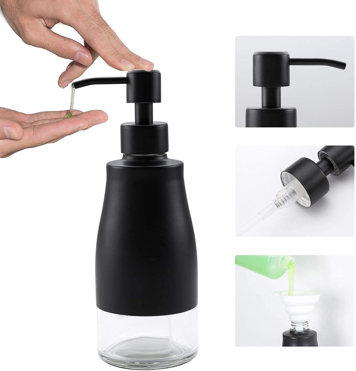 Gaussra Black Soap Dispenser with Coasterand Stickers, Refillable Liquid Stainless Steel Soap