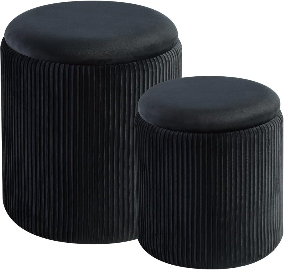 Round Set of 2 Ottoman with Storage-Upholstered Velvet Vanity Stool for Makeup Multifunctional