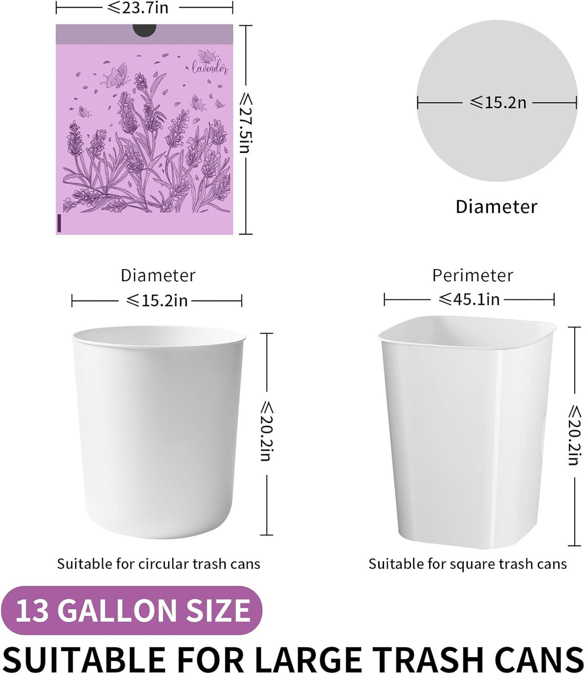 VOK 13 Gallon Trash Bags with Lavender Print & Drawstring, Tear-Resistant Tall Kitchen Garbage