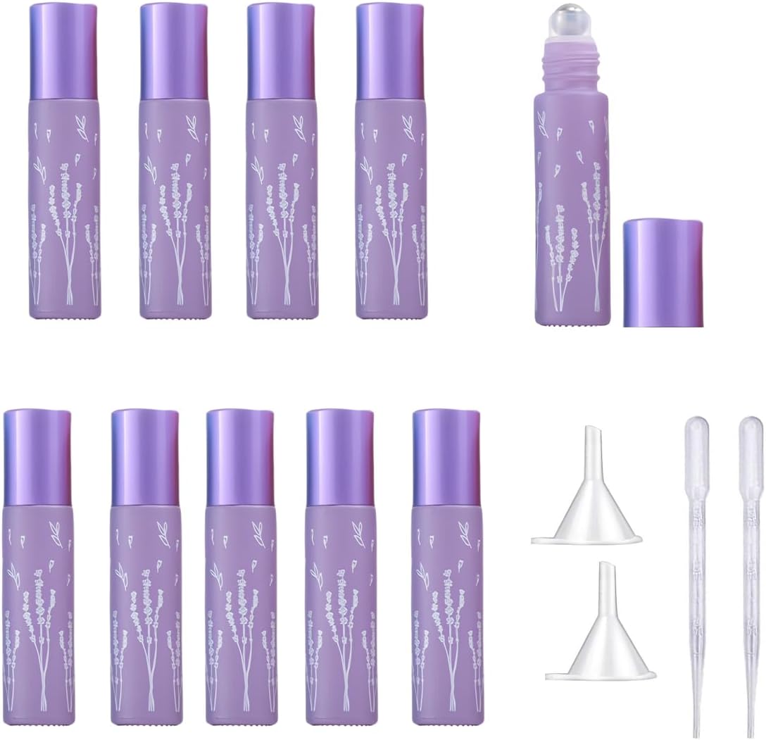 10 Pcs Purple Glass Essential Oil Roller Bottles, 10ml Refillable Roll-on Bottles with Stainless