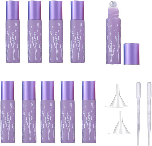10 Pcs Purple Glass Essential Oil Roller Bottles, 10ml Refillable Roll-on Bottles with Stainless