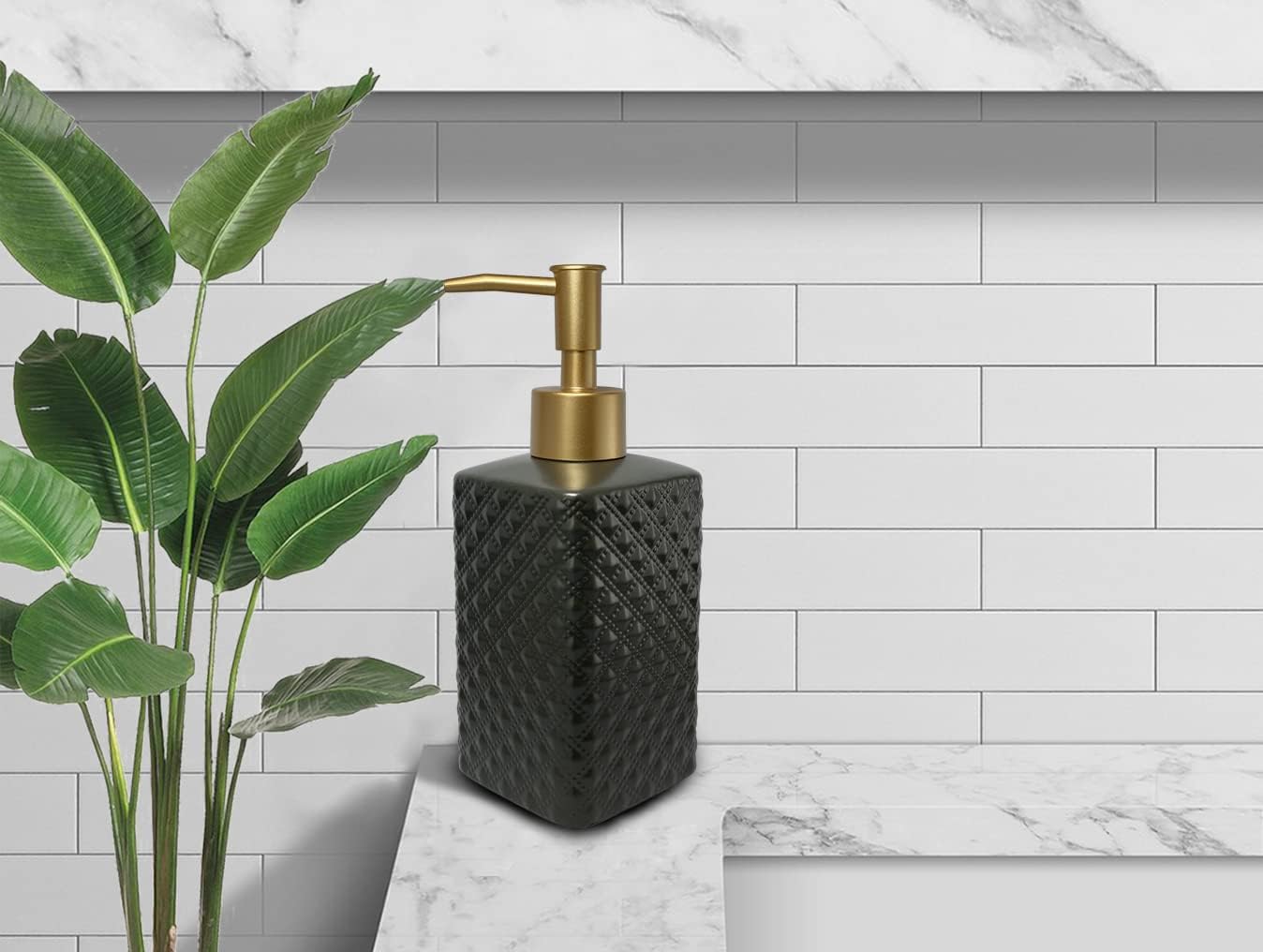 Gold Soap Dispenser for Bathroom,Black Square Lotion Dispenser, Refillable Countertop Ceramic Hand