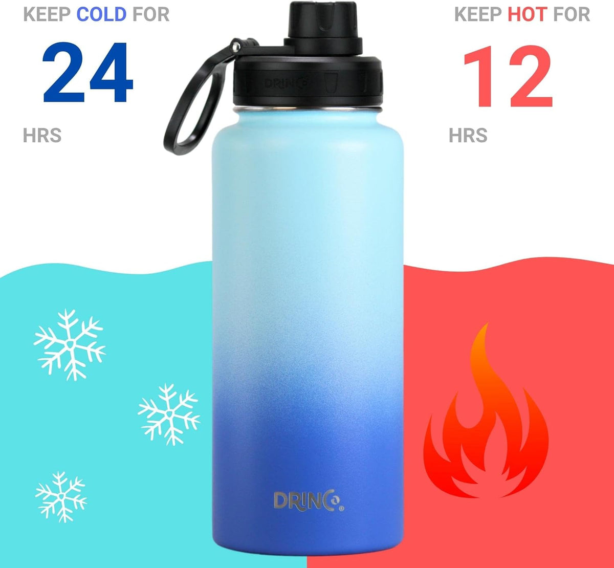 DRINCO Stainless Steel Water Bottle Spout Lid Vacuum Insulated Double Wall Water Bottle Wide Mouth