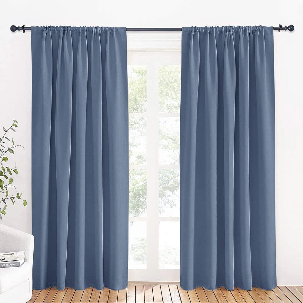 RYB HOME Blue Blackout Curtains 70 inch Width - Rod Pocket Room Darkening Window Shades Privacy