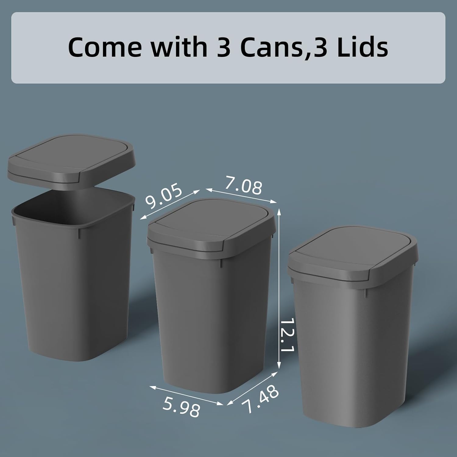 3 Pack Bathroom Small Trash Can with Lid, 2.6 Gallon Slim Garbage Bin with Pop-Up Lid, 10L Plastic