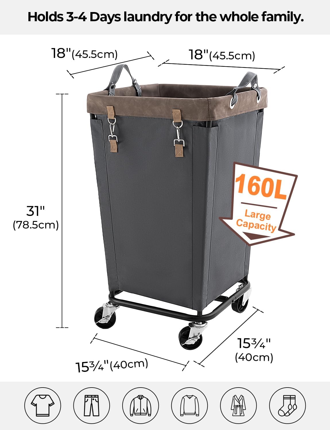 StorageWorks 160L Laundry Basket with Wheels, Large Rolling Hampers for Clothing Organizer, Dirty