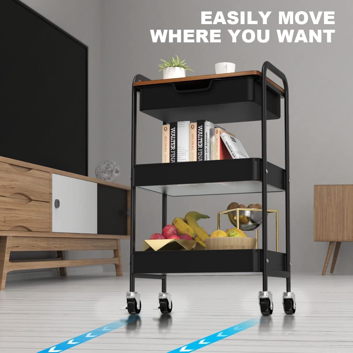 3 Tier Rolling Cart with Drawer, Metal Utility Cart on Wheels Storage Cart with Wood Top, Kitchen