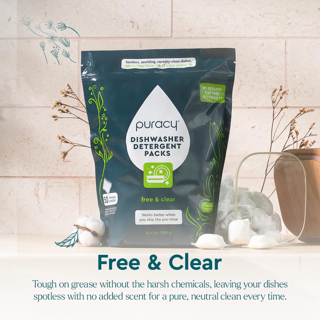 Puracy Dishwasher Pods, Natural Dishwasher Detergent, Free & Clear Dish tabs - Enzyme-Powered, Spot