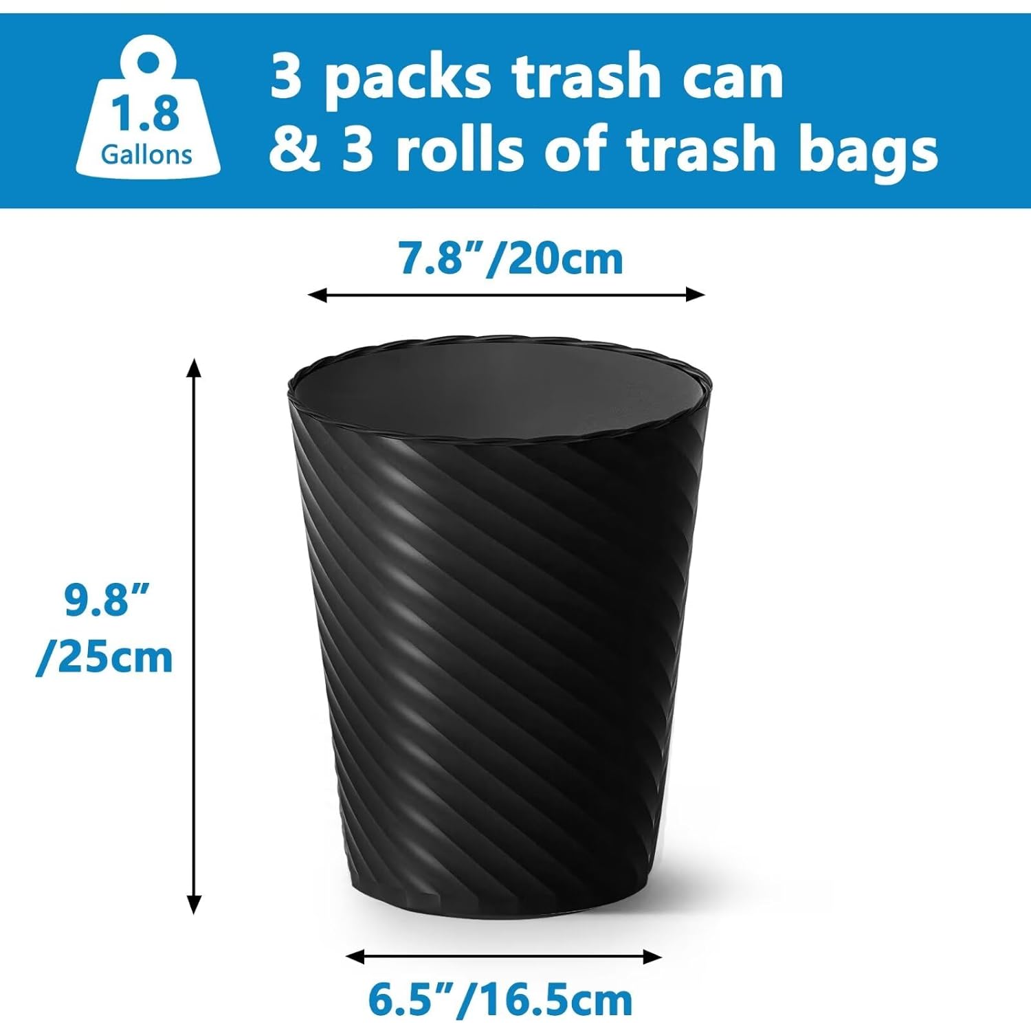 Bathroom Trash Can, 3 Pack 1.8 Gallons Small Trash Can with Trash Bags, Bathroom Garbage Can