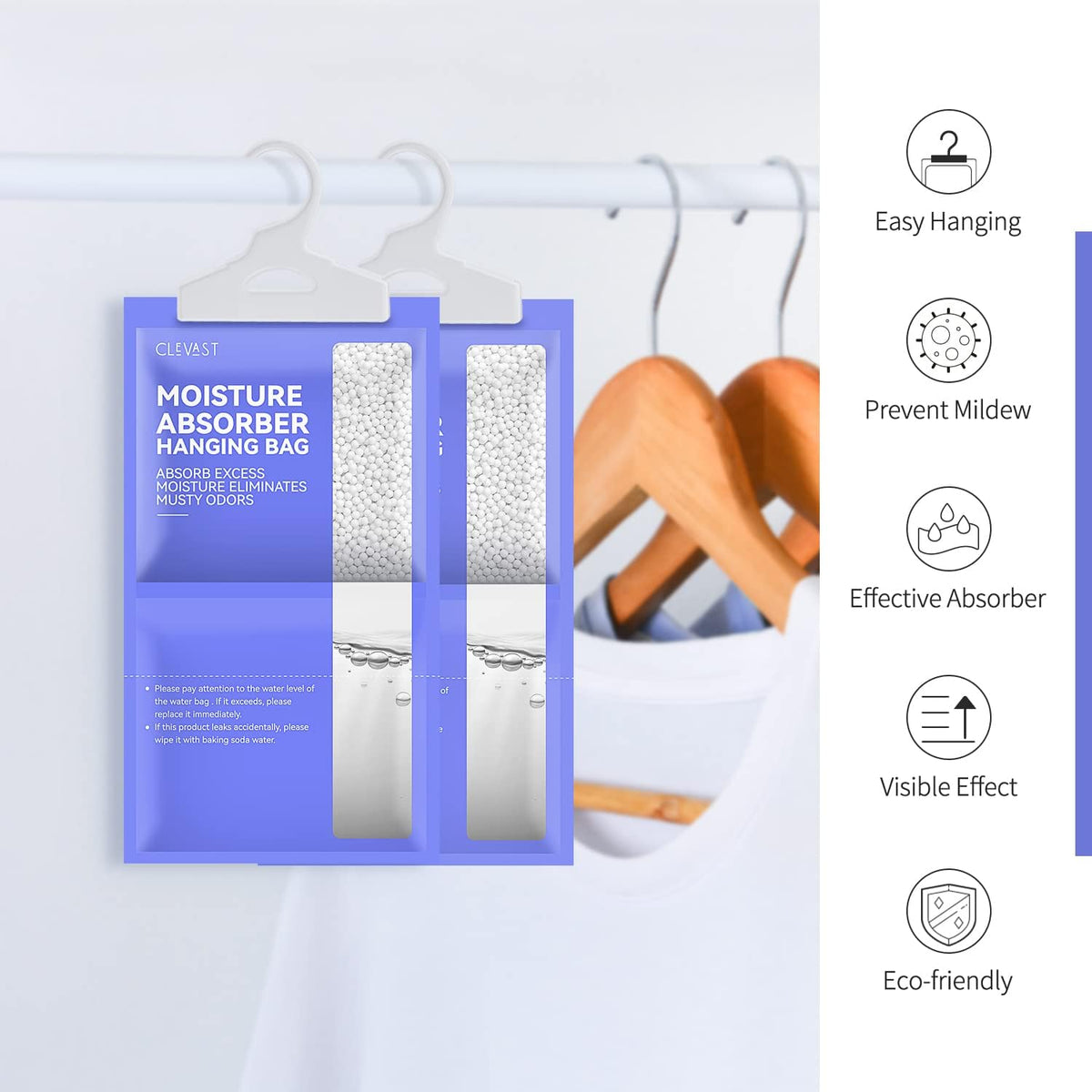 CLEVAST Moisture Absorbers Packets 10 Pack, Dehumidifier Bags for Closet, Unscented Hanging