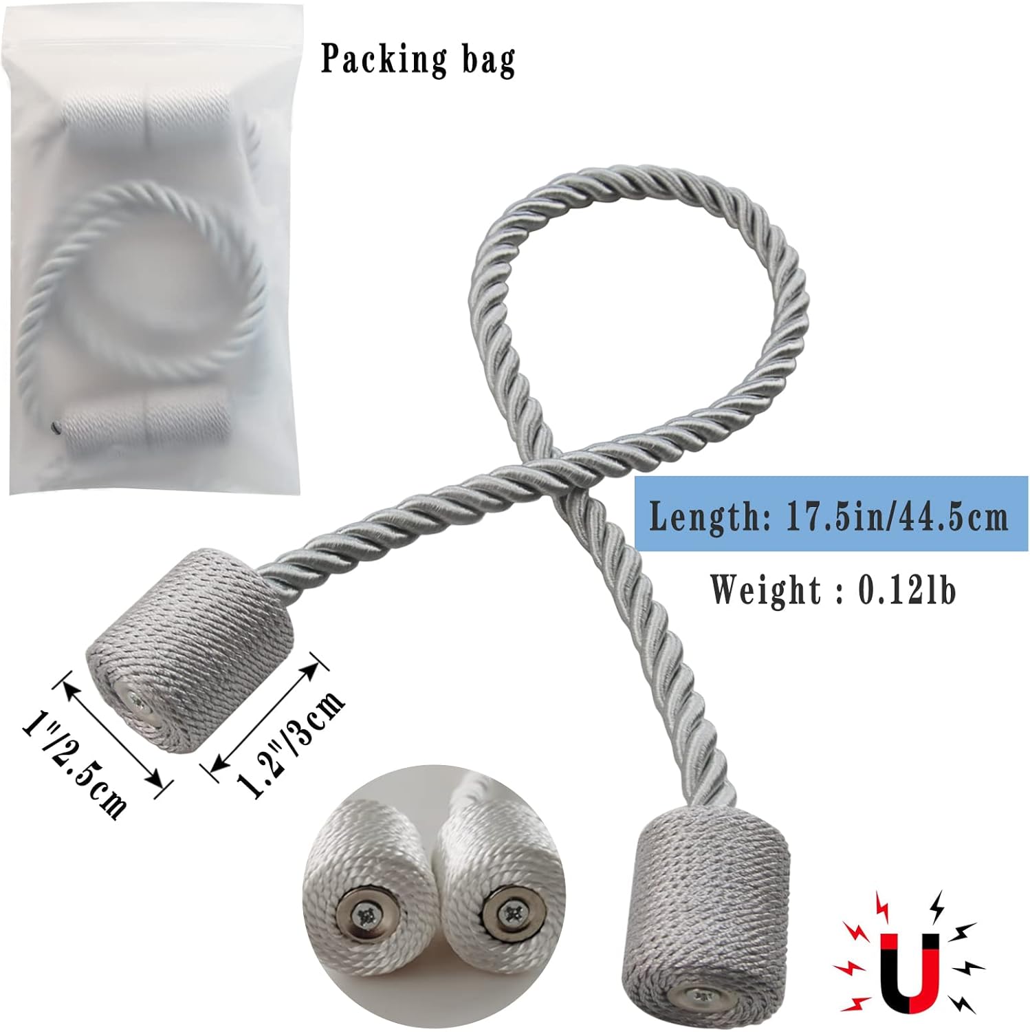 Magnetic Curtain Tiebacks 6 Pack Grey Curtain Rope Tieback Curtain Holders for Drapes Modern Tie