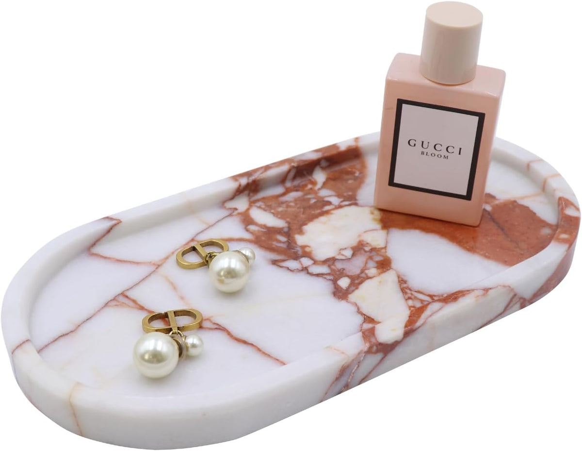 Natural Marble Tray, Oval Vanity Decorative Tray for Bathroom Counter, Countertop Stone Organizer