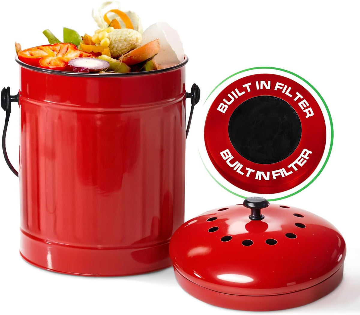 Plexon Countertop Compost Bin Kitchen with Lid, Red 1.5 Gallon Odorless Compost Container, Steel