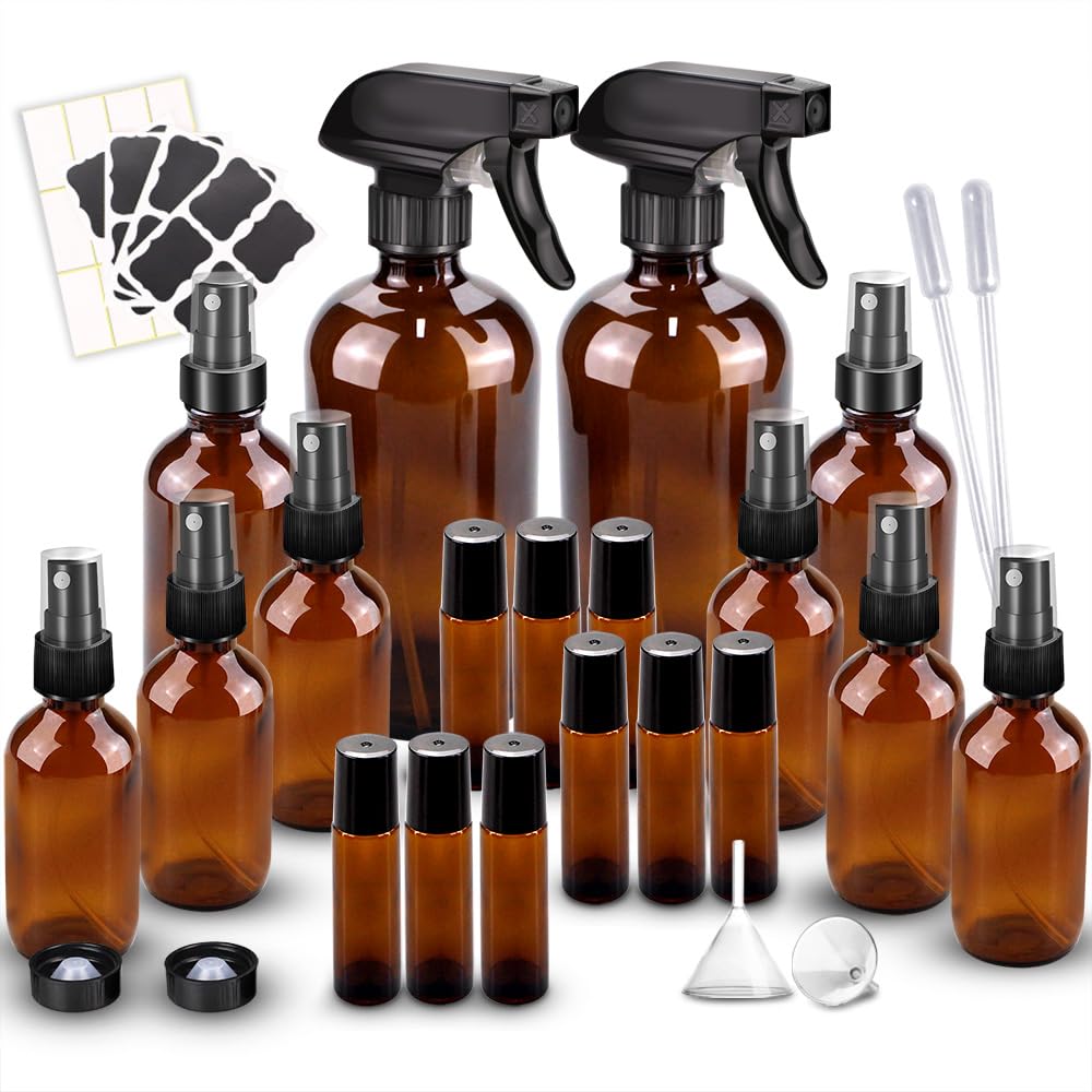 Glass Spray Bottle Kit×10 (2×16oz, 2×4oz, 6×2oz), 9×10ml Roller Bottles, Anti UV, Multi Size and