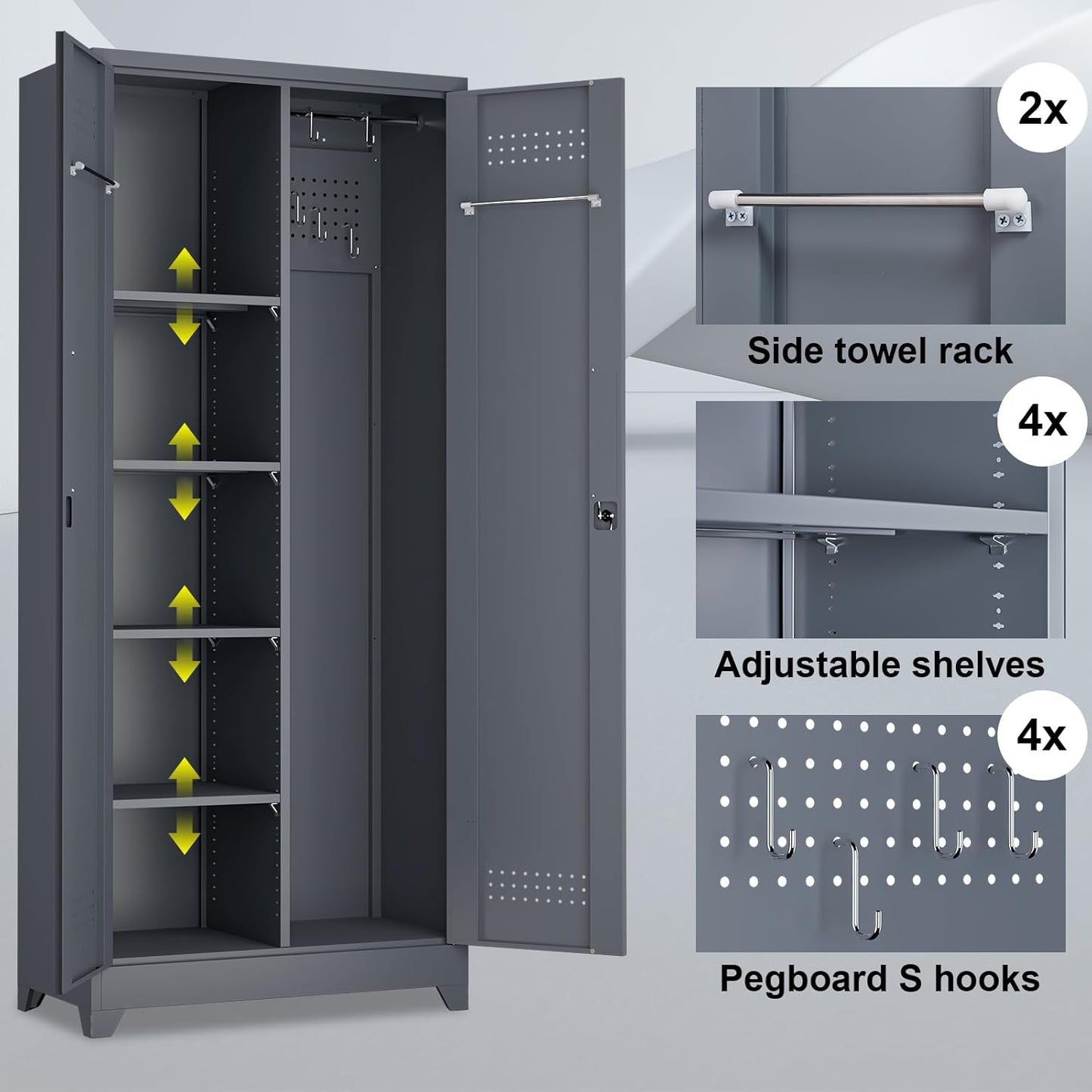 Metal Tool Storage Cabinet, Broom Closet with Hooks, 72.8" Tall Garage Cabinet with Shelves